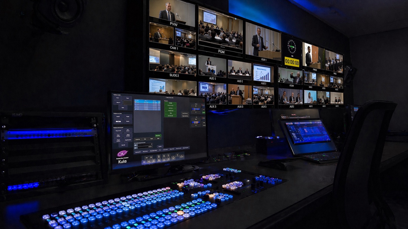 Galería de realización broadcast con muro de monitores